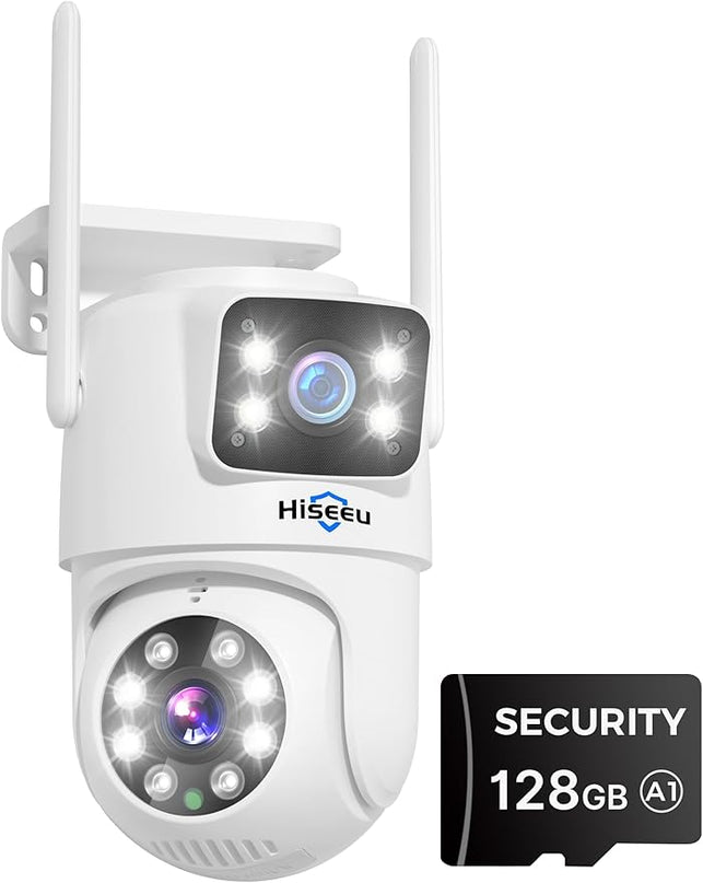Hiseeu Wireless Security Camera Dual Lens PTZ Outdoor with 128GB SD Card, 2K WiFi-Pro 5G/ 2.4Ghz Surveillance Cameras, Color Night Version, Plug-in Cable, Works with Wireless System Hiseeu