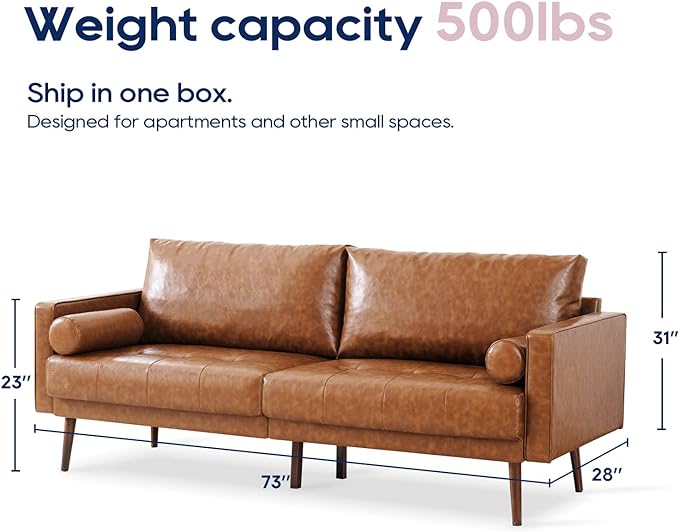 Vonanda Faux Leather Sofa Couch, Mid-Century 73 Inch 3 Seater Leather Couch with Hand-Stitched Comfort Cushion and Bolster Pillows for Living Room,Elegant Cognac Tan - LeafyLoom