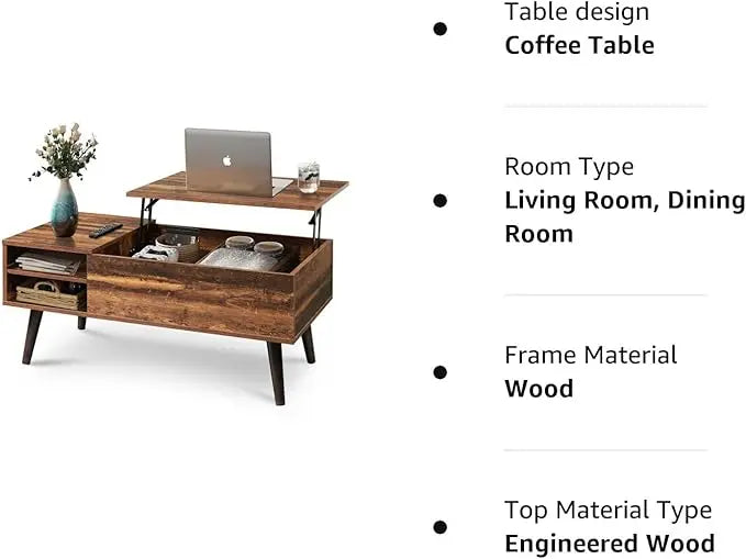 WLIVE Wood Lift Top Coffee Table with Hidden Compartment and Adjustable Storage Shelf, Lift Tabletop Dining Table for Home Living Room, Office, Rustic Oak - LeafyLoom