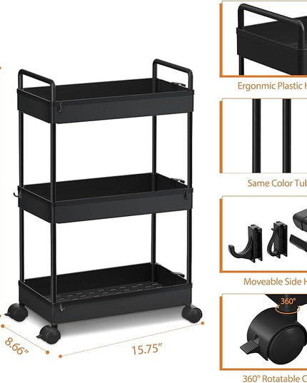 Ronlap 3 Tier Classic Storage Rolling Cart, Slim Storage Cart with Wheels Slide Out Storage Rolling Cart Organizer Plastic Utility Carts for Bathroom Laundry Room Kitchen Office Narrow Place, Black - LeafyLoom