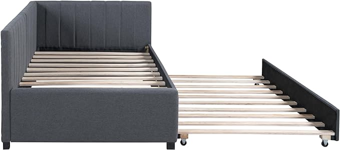 Merax Twin Size Upholstered Daybed with Trundle Wooden Sofa Bed Frame for Living, Guest, Children's Room, No Box Spring Needed, Easy Assembly, Gray - LeafyLoom