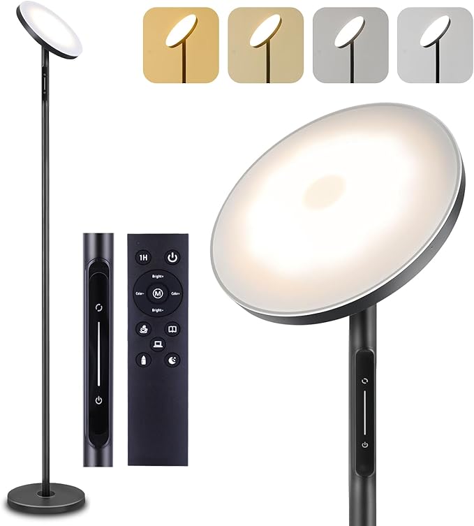 ‎Floor Lamp for Living Room, LED Tall Standing Lamp for Bedroom Reading, Torchiere Super Bright Dimmable, Side Lighting for Offices Rooms with Remote Touch Control. Adjustable 4 Colors. - LeafyLoom