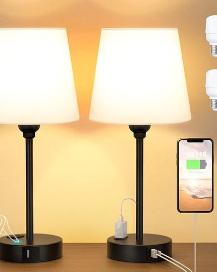 White Bedside Lamps for bedrooms Set of 2 - Nightstand Bedroom Lamp with USB C Port and AC Outlet Charging, 3 Way Dimmable Touch Control Small White Bed Side Table Lamp, Nightstand Light for Kids - LeafyLoom