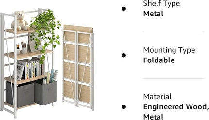 4NM No-Assembly Folding Bookshelf Storage Shelves 4 Tiers Vintage Bookcase Standing Racks Study Organizer Home Office (Natural and White) - LeafyLoom