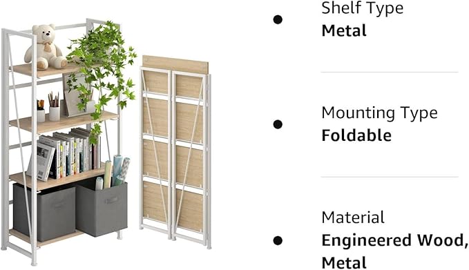 4NM No-Assembly Folding Bookshelf Storage Shelves 4 Tiers Vintage Bookcase Standing Racks Study Organizer Home Office (Natural and White) - LeafyLoom