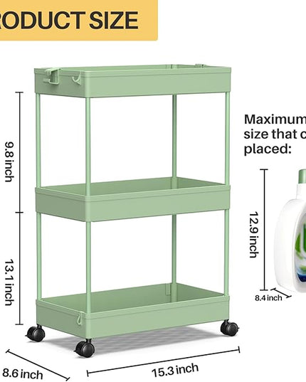 SPACEKEEPER Rolling Storage Cart 3 Tier, Bathroom Cart Organizer Laundry Room Organizer Utility Cart Mobile Shelving Unit Multi-Functional Shelves for Office, Kitchen, Bathroom, Green - LeafyLoom
