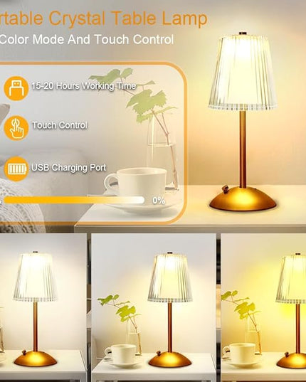 Portable Crystal Table Lamp,Cordless Metal Vintage Desk Lamp,3 Color Touch Control Rechargeable Lamp,3-Levels Brightness Room Decor Desk Lamp,Living Room,Kitchen,Dining Room Lamp (Gold-2) - LeafyLoom