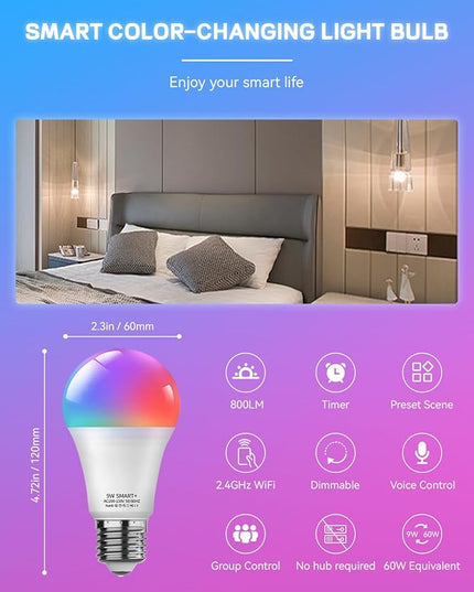 Smart Light Bulbs 4Pack with Remote, A19 E26 800LM LED Color Changing Light Bulb, WiFi & Bluetooth 5.0, Warm to Cool White, Dimmable, RGB Smart Home Lighting Work with Alexa Google Assistant Vanance