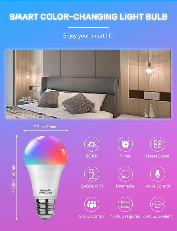 Smart Light Bulbs 4Pack with Remote, A19 E26 800LM LED Color Changing Light Bulb, WiFi & Bluetooth 5.0, Warm to Cool White, Dimmable, RGB Smart Home Lighting Work with Alexa Google Assistant Vanance
