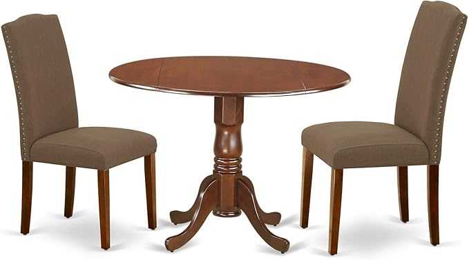 East West Furniture Dublin 3 Piece Room Furniture Set Contains a Round Dining Table with Dropleaf and 2 Dark Coffee Linen Fabric Parsons Chairs, 42x42 Inch, DLEN3-MAH-18 - LeafyLoom