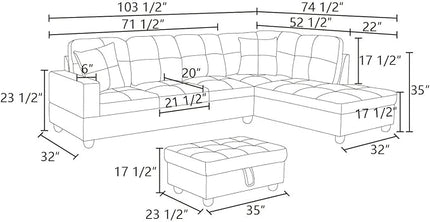 ROOMTEC 3 Piece L Shaped Sectional Sofa Set with Storage Ottoman, Right Facing Chaise Longue, Reversible Backrest w/ 2 Cup Holders, Flannel Tufted Cushions, for Living Room, Dark Brown - LeafyLoom