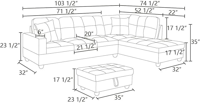 ROOMTEC 3 Piece L Shaped Sectional Sofa Set with Storage Ottoman, Right Facing Chaise Longue, Reversible Backrest w/ 2 Cup Holders, Flannel Tufted Cushions, for Living Room, Dark Brown - LeafyLoom