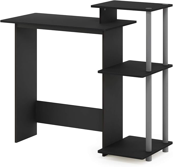 Furinno Efficient Home Laptop Notebook Computer Desk with Square Shelves, Solid Black/Grey - LeafyLoom