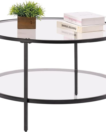 VINGLI Glass Coffee Table,30" Round Coffee Table Black Coffee Tables for Living Room,2-Tier Glass Top Coffee Table with Storage Clear Coffee Table,Simple & Modern Center Table Mesa de Centro Para Sala - LeafyLoom