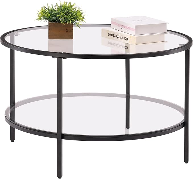 VINGLI Glass Coffee Table,30" Round Coffee Table Black Coffee Tables for Living Room,2-Tier Glass Top Coffee Table with Storage Clear Coffee Table,Simple & Modern Center Table Mesa de Centro Para Sala - LeafyLoom