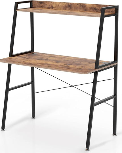 DESIGNA Small Computer Ladder Desk with Storage Shelves, 43 Inch 2-Tier Home Office Students Study Writing PC Gaming Table with Bookshelf Modern Workstation for Space Saving, Metal Frame, Rustic Brown - LeafyLoom