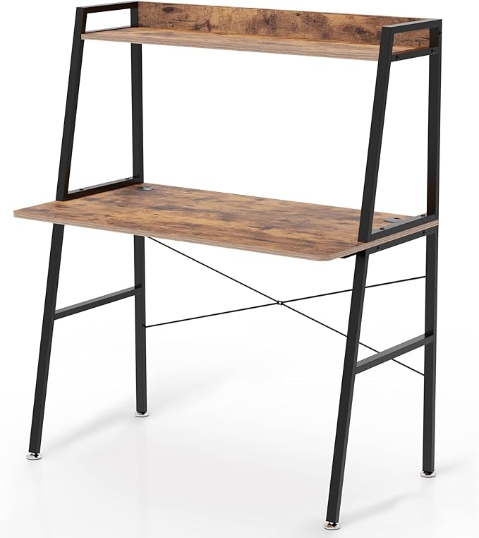 DESIGNA Small Computer Ladder Desk with Storage Shelves, 43 Inch 2-Tier Home Office Students Study Writing PC Gaming Table with Bookshelf Modern Workstation for Space Saving, Metal Frame, Rustic Brown - LeafyLoom