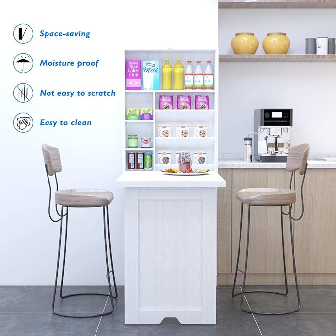 LUARANE Wall Mounted Table, Foldable Multiple-purpose Desk, Fold Out Wood Convertible Writing Desk Bookshelf Cabinet, Large Storage Space, Ideal for Home Office Study (White) - LeafyLoom