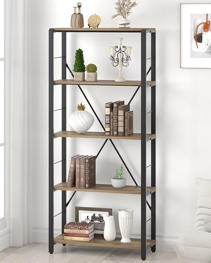 FOLUBAN 5 Tier Tall Bookshelf, Industrial Vintage Book Shelf, Rustic Wood and Metal Bookcase for Home Office Bedroom, Oak - LeafyLoom