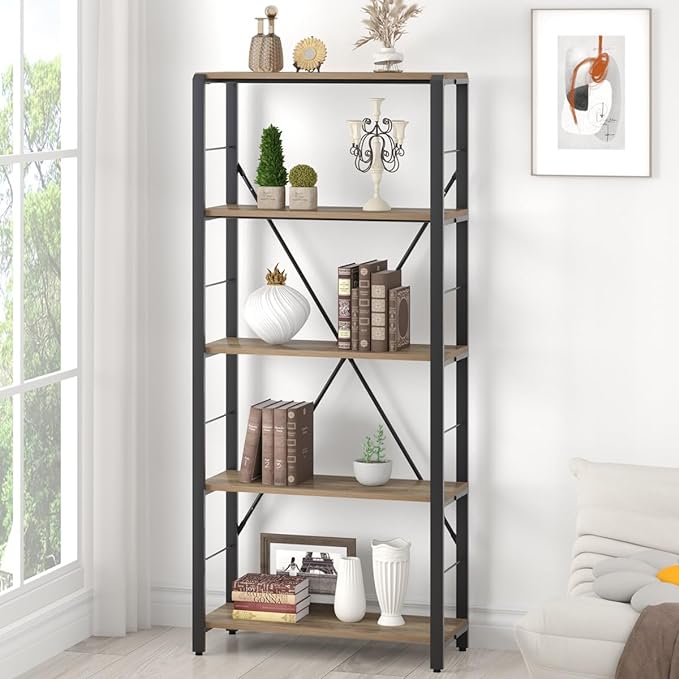 FOLUBAN 5 Tier Tall Bookshelf, Industrial Vintage Book Shelf, Rustic Wood and Metal Bookcase for Home Office Bedroom, Oak - LeafyLoom