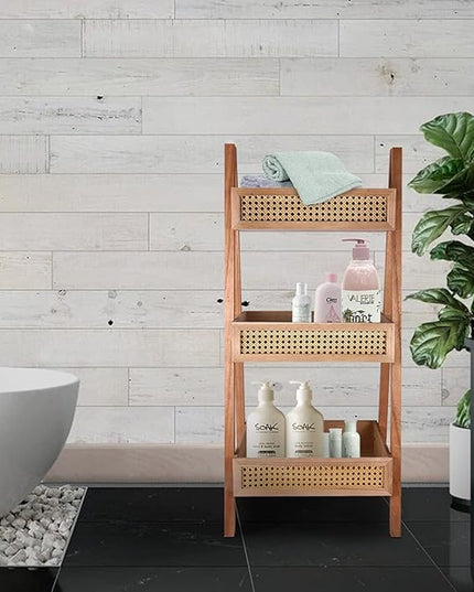 ZYBT Ladder Bookshelf, 3-Tier Rattan Bookshelf, Free Standing Bookcase, Blanket Ladder, Wood Organizer Storage Shelves for Living Room Bedroom Kitchen Bathroom Balcony and Home Office - LeafyLoom