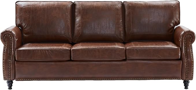 Dreamsir 79'' Traditional Faux Leather Sofa Couch with Nailhead Trim, Classic 3-Seater Sofa with Rolled Arms for Living Room, Bedroom, Apartment, Easy to Install (Retro Brown) - LeafyLoom