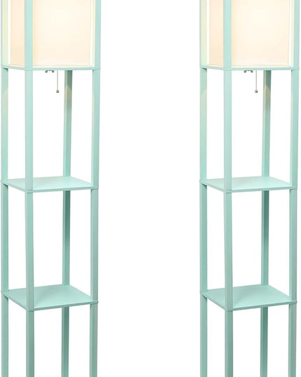 Simple Designs LF1014-AQU-2PK Three Shelf Etagere Organizer Storage Floor Lamp 2 Pack Set with White Linen Shade for Living Room, Bedroom, Office, Hallway, Aqua - LeafyLoom