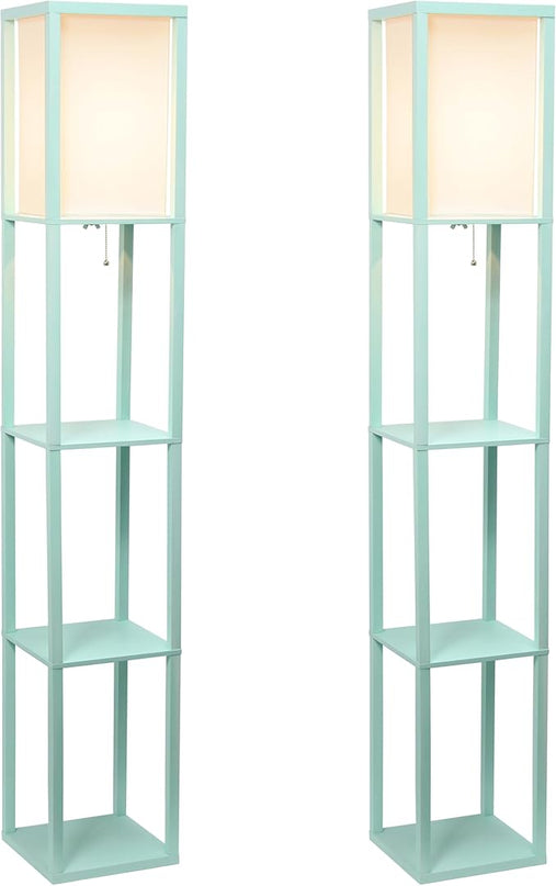 Simple Designs LF1014-AQU-2PK Three Shelf Etagere Organizer Storage Floor Lamp 2 Pack Set with White Linen Shade for Living Room, Bedroom, Office, Hallway, Aqua - LeafyLoom