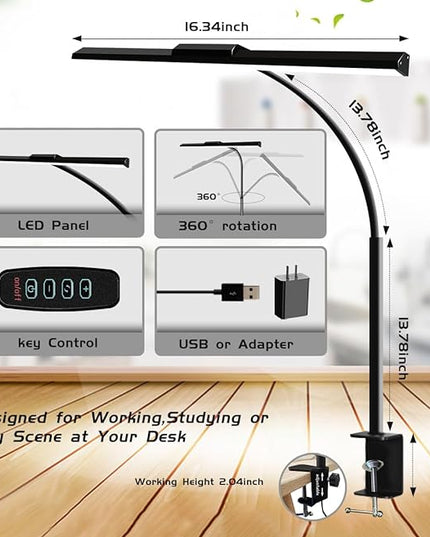 LED Desk Lamps for Home Office Eye-Caring Architect Lamp with Clamp 3 Colors 10 Brightness Adjustable Gooseneck Table Light with Key Control Workbench LED Reading Lamp [with Adatper] - LeafyLoom