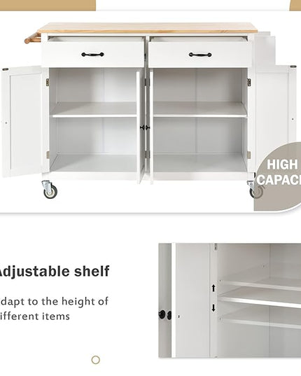 Solid Wood Top, Mobile Carts with Storage Cabinet, Rolling Kitchen Table w/Spice, Towel Rack, and Drawer, Portable Islands on Wheels, White, 54.33 Inch - LeafyLoom