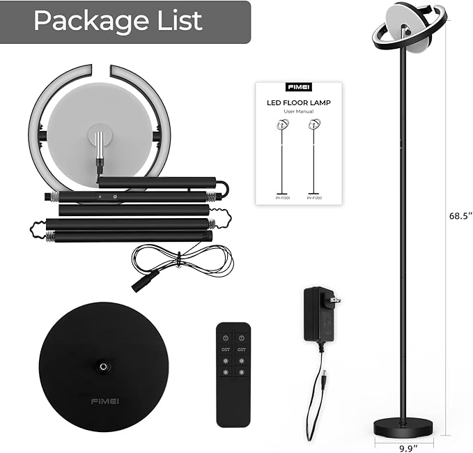 FIMEI Modern Floor Lamp, LED Bright Standing Lamp, Unique Rotatable Ring Design, Eye-Protecting Stepless Dimming, 3000K-6000K Color Temperatures, Touch/Remote Control, for Living Room Bedroom Office - LeafyLoom