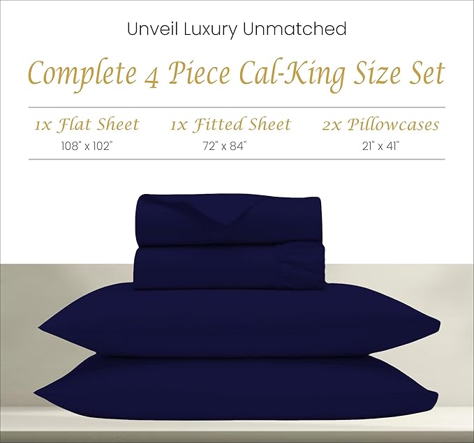 1000 Thread Count 100% Egyptian Cotton Sheets Set, California King Size Sateen Bed Sheet, 4 Piece Bed Sheet Sets, Long Staple, 18 Inches Deep Pocket, All Season, Bedding Soft Breathable, Navy Blue - LeafyLoom