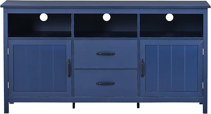 57 Inch TV Stand, Modern Television Stands with 2 Doors, 2 Drawers and Open Style Cabinet, Entertainment Center/Sideboard with Ample Storage Space for Living Room and bedroom, Navy - LeafyLoom
