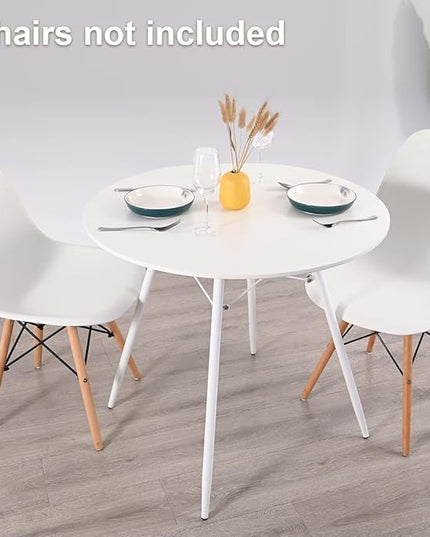 White Round Dining Table Round Table Dia 31.5" Wood Top Metal Legs Simple Modern Kitchen Table for 2 to 4 People Small Place Cafe Office Conference - LeafyLoom