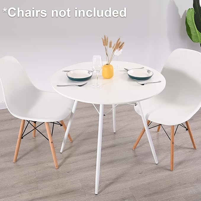 White Round Dining Table Round Table Dia 31.5" Wood Top Metal Legs Simple Modern Kitchen Table for 2 to 4 People Small Place Cafe Office Conference - LeafyLoom