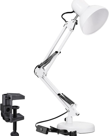 TORCHSTAR Metal Desk Lamp, Swing Arm Desk Lamps, Architect Desk Lamp with Clamp, Adjustable Gooseneck Table Lamp, Clip Desk Lights for Home Office, Work, Study, Reading, E26 Base, Multi-Joint, White - LeafyLoom