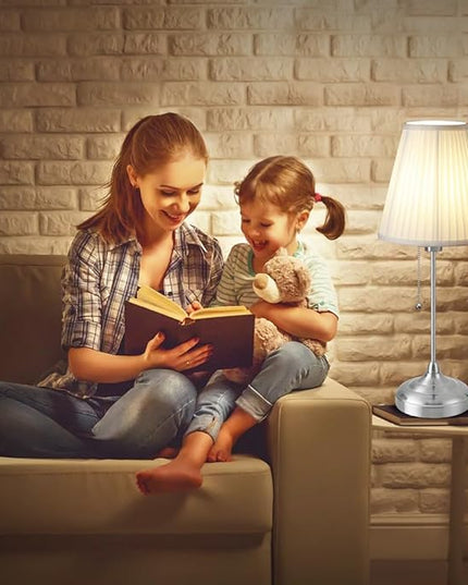 LED Metal Table Lamp,Fabric Shade Desk Lamp,3 Color Bedside Lamp,Built-in bulb,Night Light for Kids Nursery,Dining Room Lamp - LeafyLoom