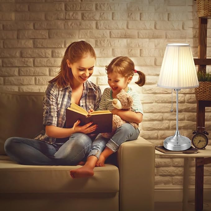 LED Metal Table Lamp,Fabric Shade Desk Lamp,3 Color Bedside Lamp,Built-in bulb,Night Light for Kids Nursery,Dining Room Lamp - LeafyLoom