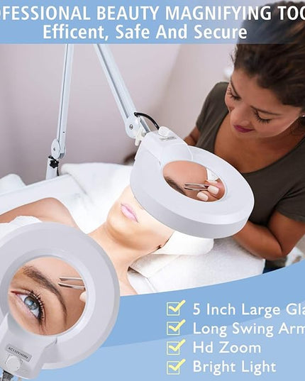 Magnifying floor lamp with 5 Wheels Rolling Base for estheticians - 1,500 Lumens LED Dimmable light with Magnifying Glass, 8-diopter Lighted magnifier for Reading, Crafts, Sewing, Close Work(5X) - LeafyLoom