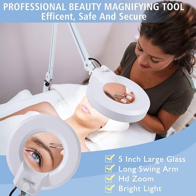 Magnifying floor lamp with 5 Wheels Rolling Base for estheticians - 1,500 Lumens LED Dimmable light with Magnifying Glass, 8-diopter Lighted magnifier for Reading, Crafts, Sewing, Close Work(5X) - LeafyLoom