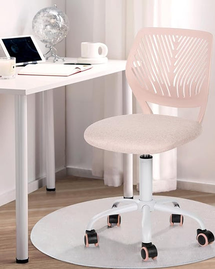 Desk Chair Small Armless, Comfy Home Office Chair with Fabric Seating Cushion and Plastic Low-Back, Adjustable Swivel Study Computer Task Chair for Student Children Kids with Rolling Wheels, Pink - LeafyLoom