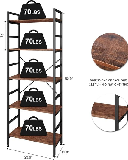 5 Tier Tall BookShelf,Bookcase with Steel Frame,Home Office Modern Bookcase Shelf for Bedroom/Living Room/Home Office - Rustic Brown Storage Rack for Books,Garage Kit, CDs and Movies - LeafyLoom