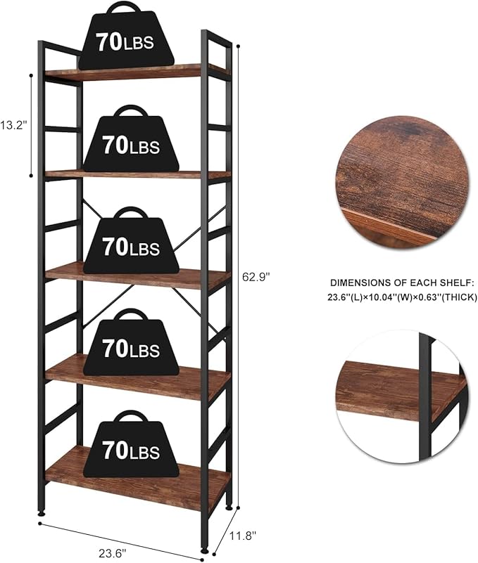 5 Tier Tall BookShelf,Bookcase with Steel Frame,Home Office Modern Bookcase Shelf for Bedroom/Living Room/Home Office - Rustic Brown Storage Rack for Books,Garage Kit, CDs and Movies - LeafyLoom