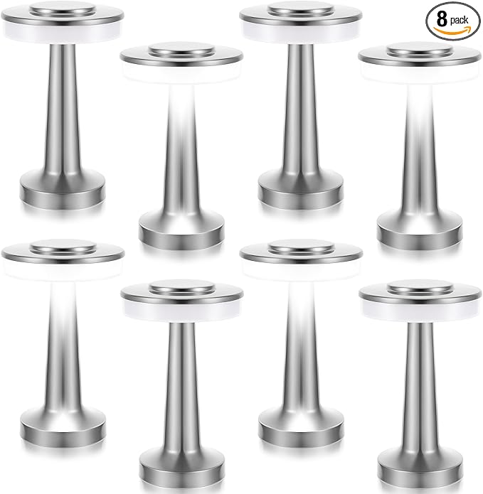 Set of 8 LED Portable Cordless Table Lamp with Touch Sensor 3 Color Stepless Dimming Rechargeable Battery up to 15 Hours Cordless Lamp Table Light Wireless Lamp for Kids Nursery (Silver) - LeafyLoom
