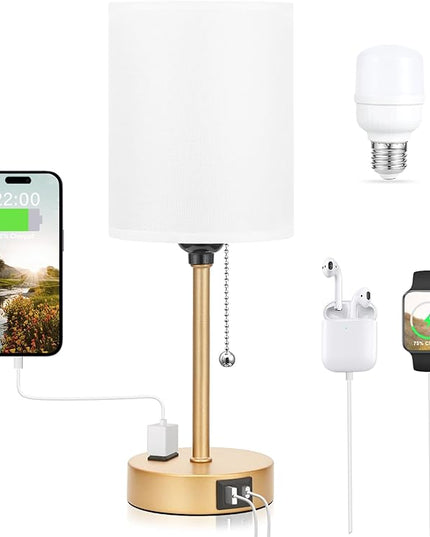 Dicoool Small Bedside Lamps 3 Color Modes - 2700K 3500K 5000K Bedroom Lamps with USB C and A Ports, Pull Chain Gold Table Lamps with AC Outlet, Nightstand Lamps with Gold Metal Base for Kids Reading - LeafyLoom
