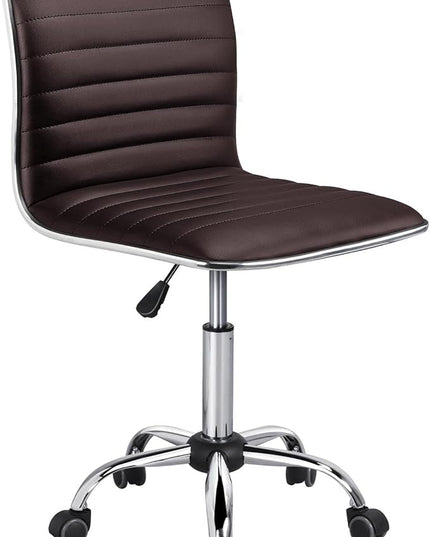 Yaheetech Task Chair Armless Office Chair PU Leather Ribbed Modern Desk Chair Adjustable Low-Back Swivel Chair w/Rolling Wheels Comfy Working Chair Makeup Chair, Brown - LeafyLoom
