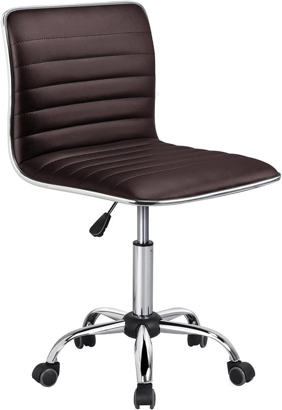 Yaheetech Task Chair Armless Office Chair PU Leather Ribbed Modern Desk Chair Adjustable Low-Back Swivel Chair w/Rolling Wheels Comfy Working Chair Makeup Chair, Brown - LeafyLoom