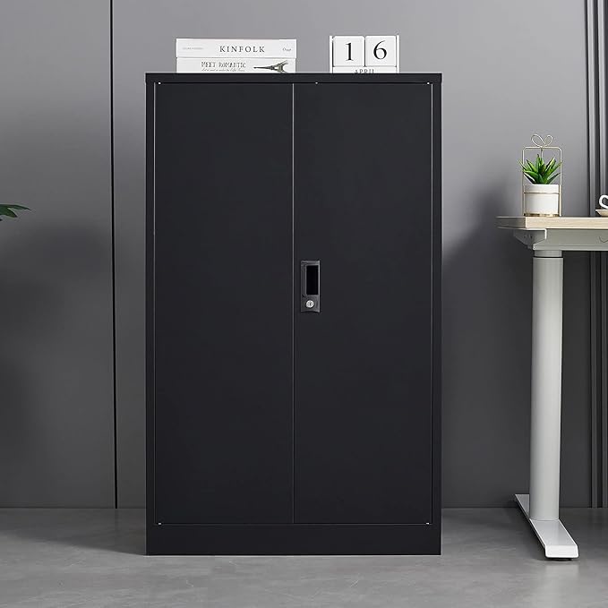 41.97" Metal Storage Doors and Adjustable Shelf,Folding Filing Cabinets w/Solid Steel Tube Locking Shaft,for Home Office,School,Garage,Black - LeafyLoom