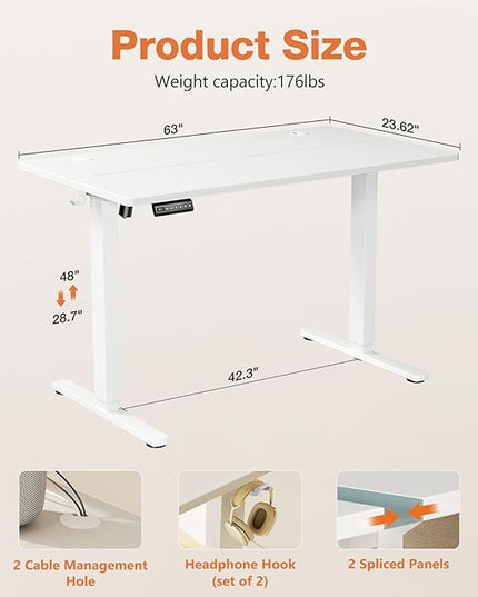 Sweetcrispy Electric Adjustable Height Standing Desk - 63 x 24 inch Sit to Stand Up Desk with Splice Board, Rising Home Office Computer Table with 2 Hook and Wire Hole for Work - LeafyLoom