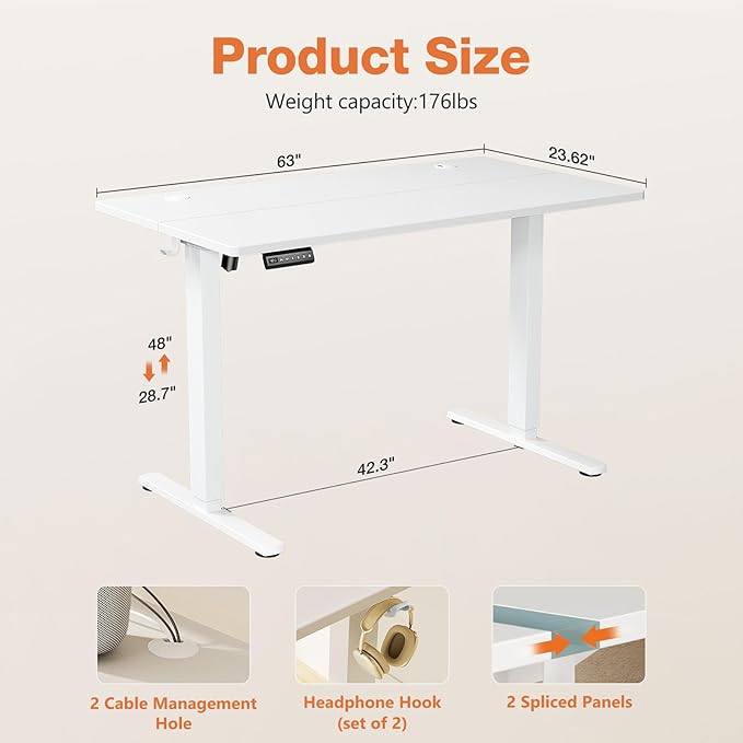 Sweetcrispy Electric Adjustable Height Standing Desk - 63 x 24 inch Sit to Stand Up Desk with Splice Board, Rising Home Office Computer Table with 2 Hook and Wire Hole for Work - LeafyLoom